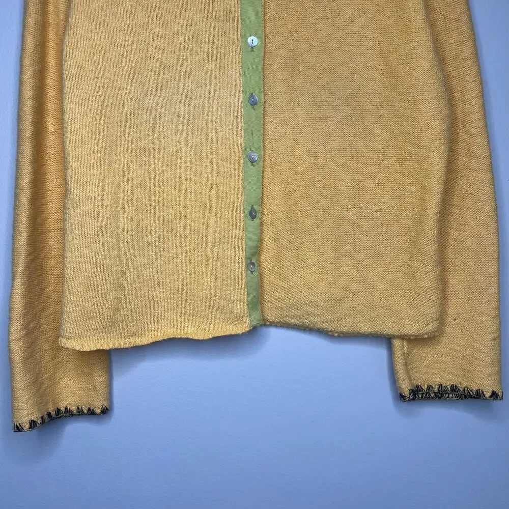 VTG Yellow Knit Button Front Cardigan Sweater Floral Applique Sz M Boho Eclectic